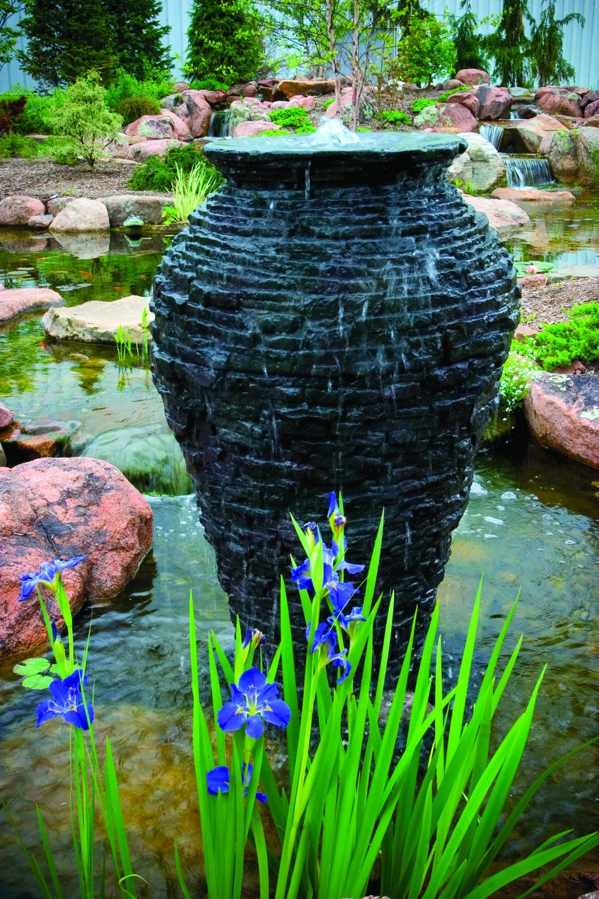 Stacked slate urn fountain, built by iPond and Landscapes