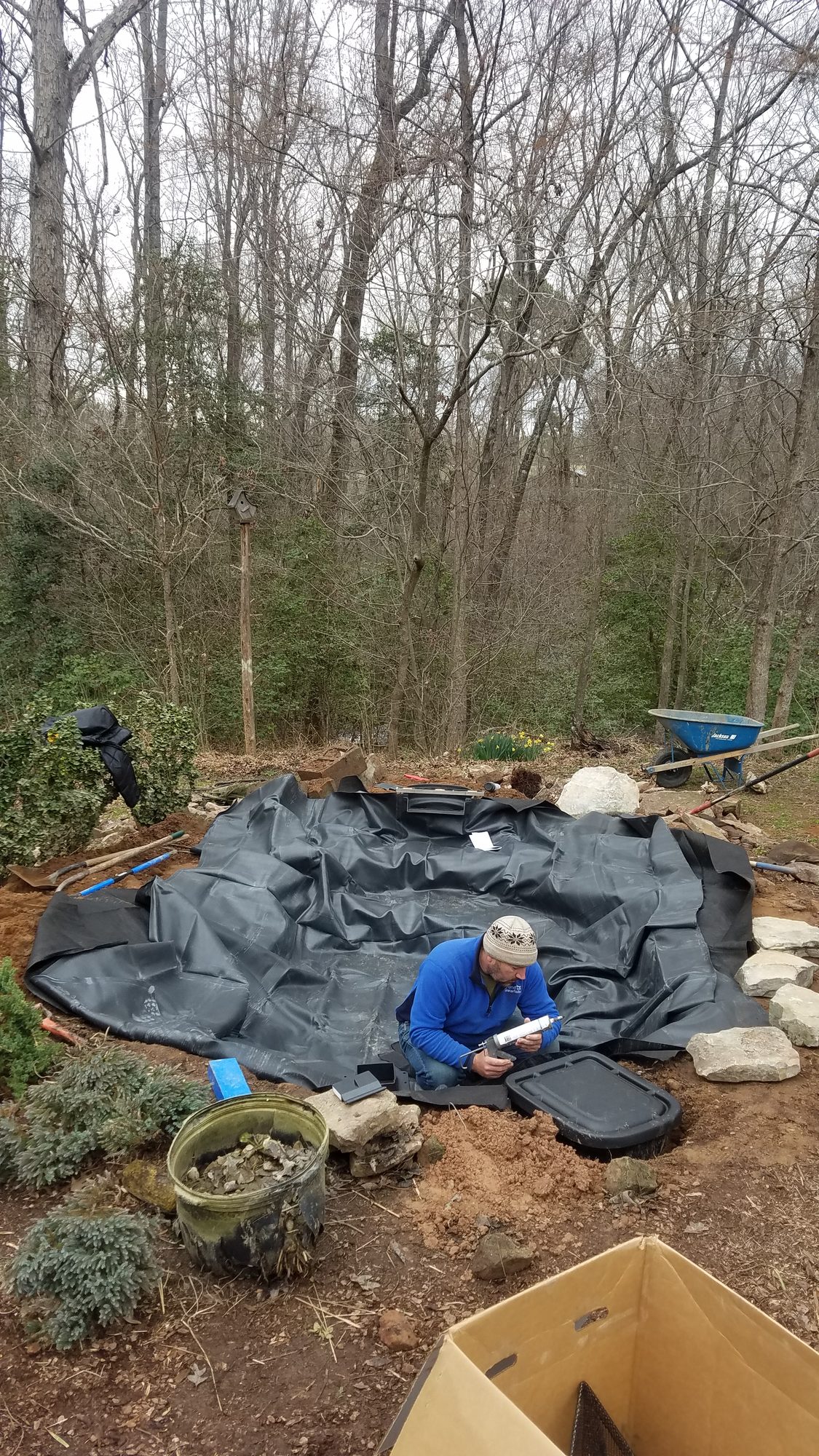 Small pond build: liner and skimmer going in, built by iPond and Landscapes