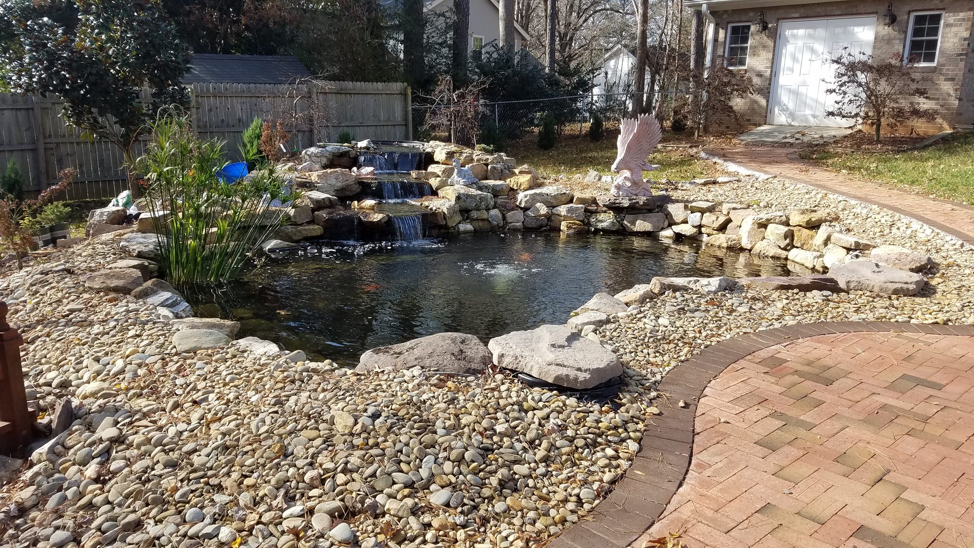 New pond install beside the patio, built by iPond and Landscapes